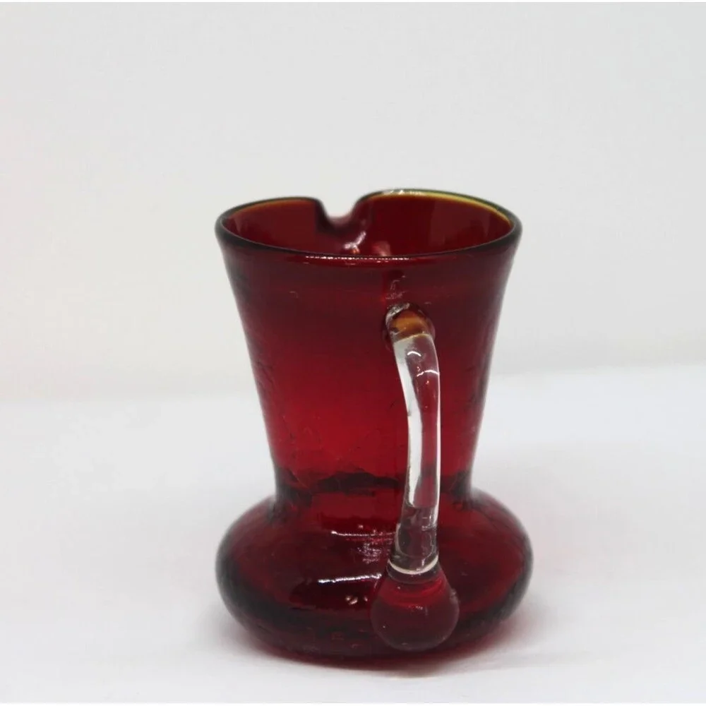 Art Glass Handblown Amberina Red Crackle Mini Glass Pitcher. 3.5